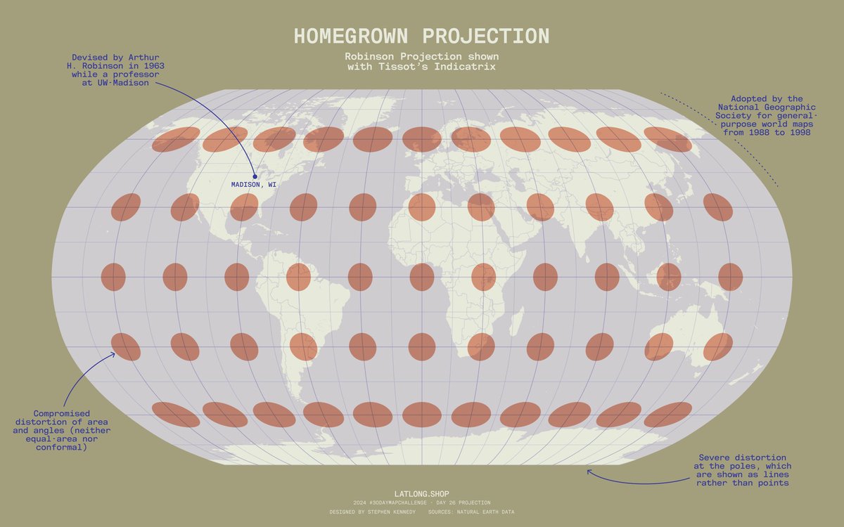 Stephen Kennedy (@oh_sk) on Twitter photo #30DayMapChallenge | Day 26 Map projections | Homegrown Projection
Did you know we have a well-known projection made right here in Madison? Developed by Arthur H. Robinson at <a href="/UWMadisonGeog/">UW-Madison Geography</a> in 1963, it attempts to minimize distortion of area and shape over most of the map. #30DayMapChallenge | Day 26 Map projections | Homegrown Projection
Did you know we have a well-known projection made right here in Madison? Developed by Arthur H. Robinson at <a href="/UWMadisonGeog/">UW-Madison Geography</a> in 1963, it attempts to minimize distortion of area and shape over most of the map.