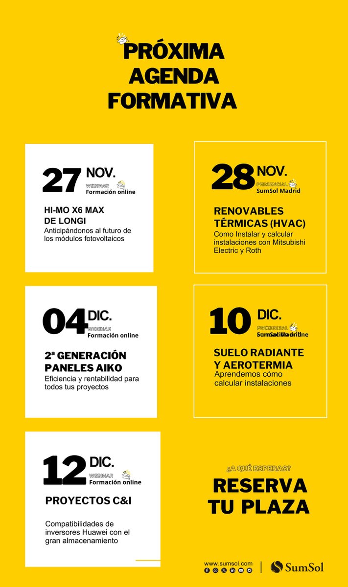 ¡Ya está aquí la agenda formativa de final de año! 🎓🚀Formaciones gratuitas para profesionales instaladores en: fotovoltaica y renovables térmicas (HVAC). 🌞❄️

📅 ¡Recuerda que las plazas son limitadas, no te quedes fuera! 
sumsol.com/content/18-for…