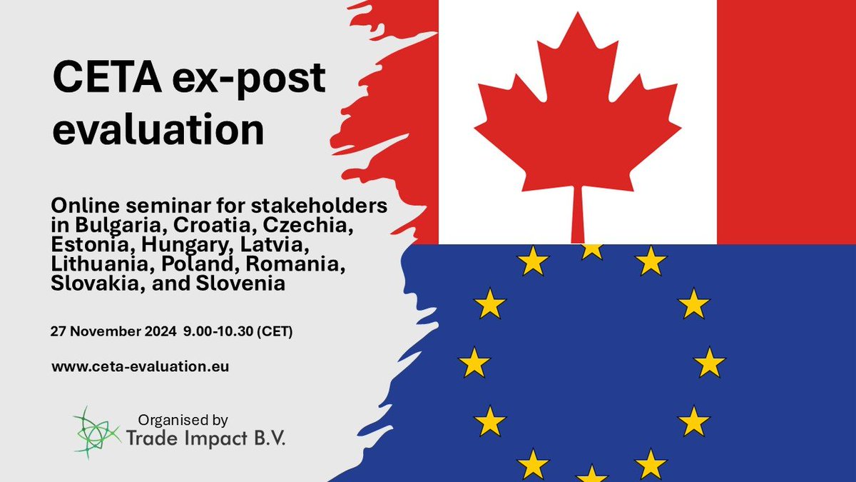 CETAEvaluation's tweet photo. Tomorrow is online seminar for stakeholders in 🇧🇬🇭🇷🇨🇿🇪🇪🇭🇺🇱🇻🇱🇹🇵🇱🇷🇴🇸🇰🇸🇮
Join us to talk about trade with🇨🇦
👉https://t.co/IQmkmng0dG
@PLPermRepEU @EEinEU @CroatiaInEU @SLOtoEU
@CZECHIAinEU @ECinBulgaria @LVinEU @romaniaineu
@EC_Budapest @LithuaniaInEU @SLOVAKIAinEU https://t.co/yoavbezHvX