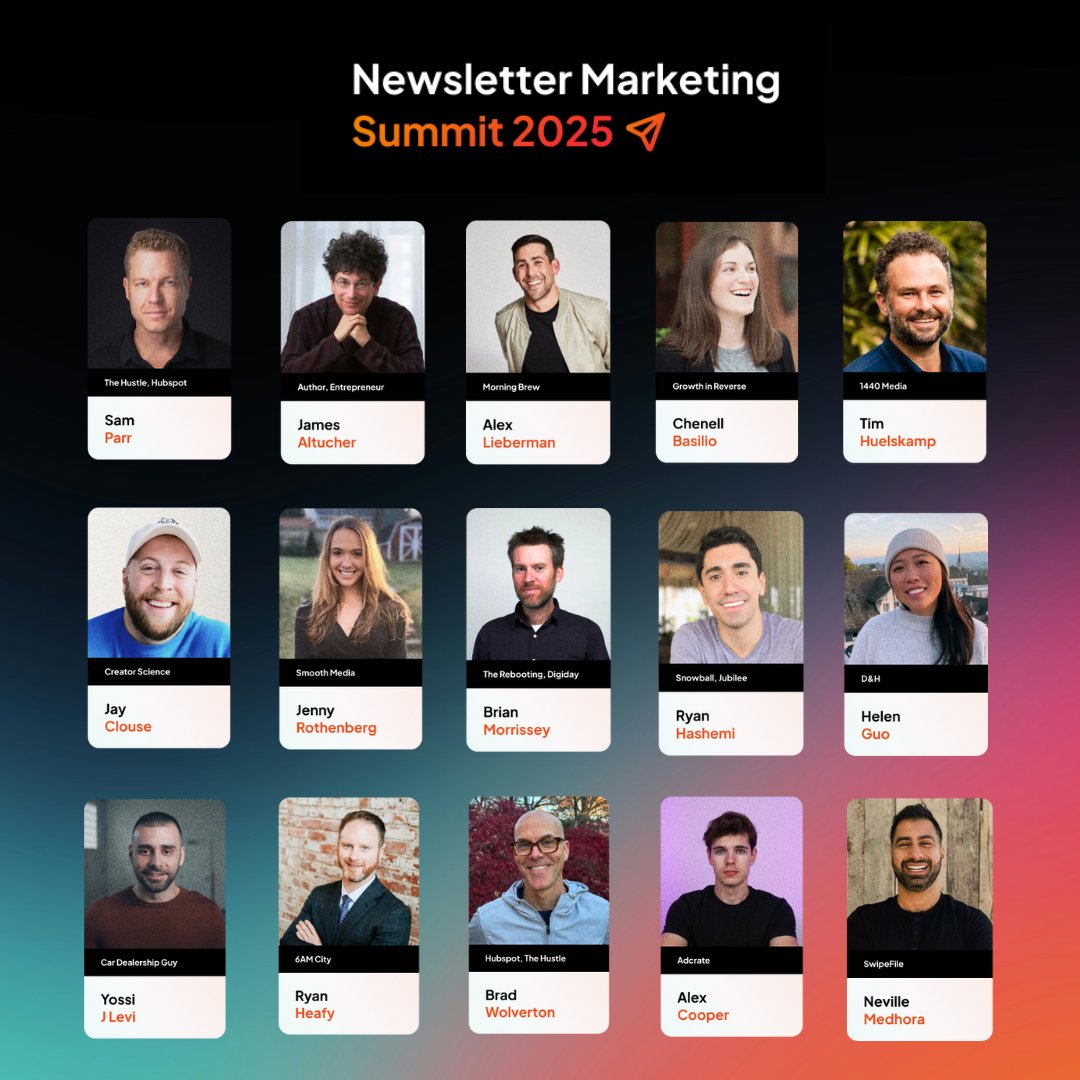 Today, I’m excited to announce: Newsletter Marketing Summit

Our inaugural conference for founders, creators, and marketers building the future of media and education.

We already have an amazing roster of speakers, including:

✅ Alex Lieberman, co-founder of Morning Brew and