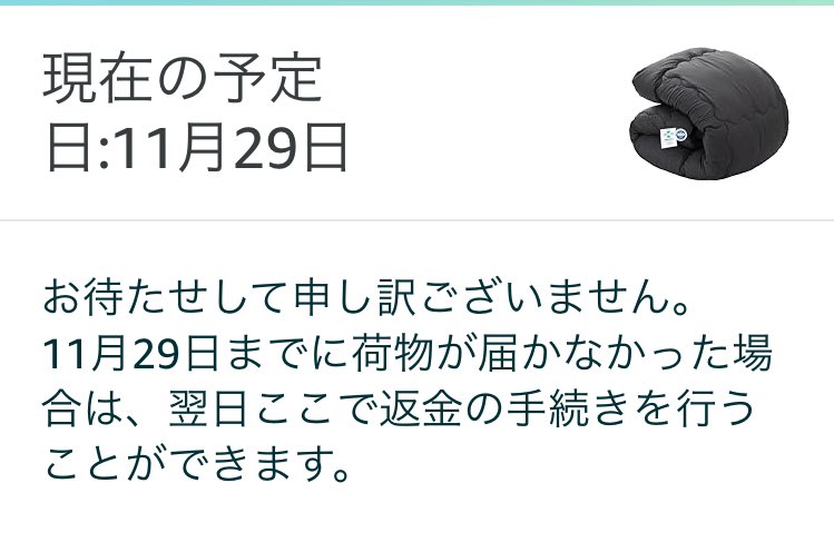 Chelesuta's tweet photo. 急いでたし、今日届くって書いてあったからAmazonで注文したんだけど……この時間になっても届かないし、予定日が29日になってるよ。
届かないなら閉店ギリギリでも近くの寝具取扱店に駆け込んでだんだが……追跡だと隣町には来てるんよな。
来ないなら来ないで当日配達できるって書かないで欲しい https://t.co/bkTMlJBXej