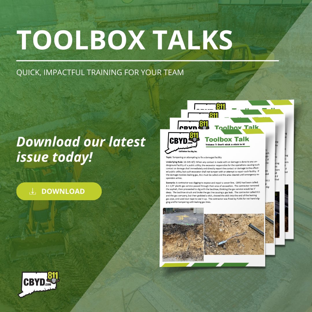 CBYD811's tweet image. Boost Team Safety with CBYD’s Toolbox Talk library! These resources are perfect for educating crews on... 
+ Safe Digging Practices
+ Underground Utility Awareness
+ Connecticut’s Damage Prevention Laws

#CBYD #ToolboxTalks #SafetyTraining #DamagePrevention #ConstructionSafety