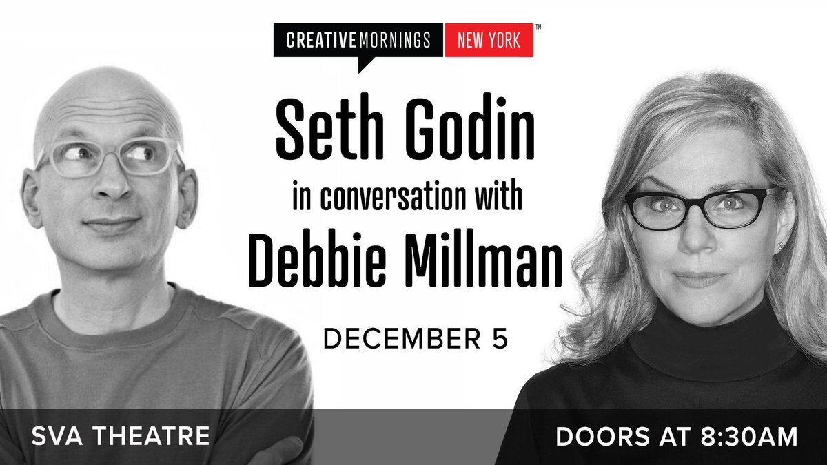 NewYork_CM's tweet photo. Save the date: THURSDAY, December 5th is our next event – with Seth Godin @ThisIsSethsBlog in conversation with Debbie Millman @debbiemillman for a taping of the Design Matters podcast! https://t.co/kGQeh11B3f (Registration opens on Monday, December 2nd.) #CMcycle #CMNYC https://t.co/shYkgj7p63