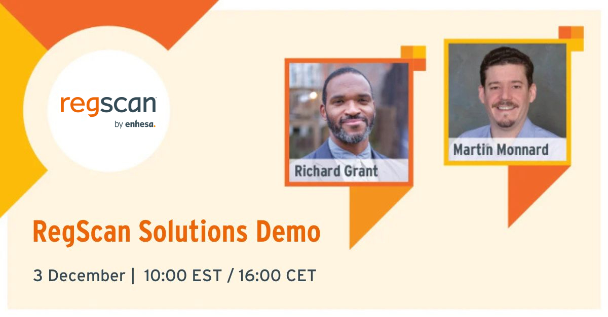 Join RegScan on Tuesday, 3 December for a live demonstration on how our solutions can help you navigate regulatory EHS compliance.

Book your place: hubs.li/Q02ZwSWP0

#EHS #RegulatoryCompliance