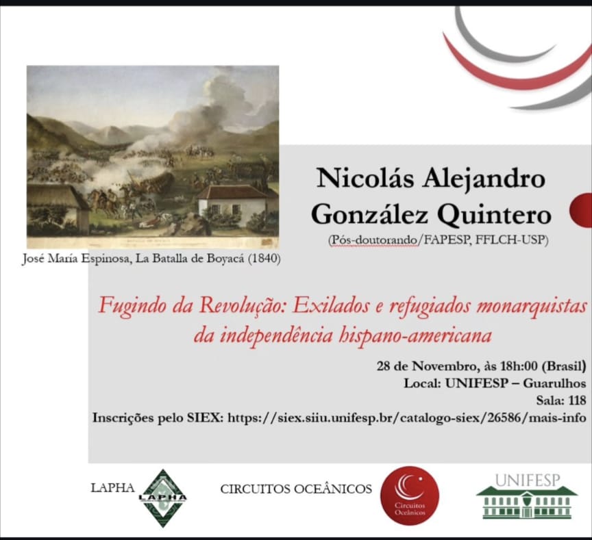 I'm happy to present my research at UNIFESP this Thursday. I will be talking about the book I am writing and the challenges of studying the history of refugees and exiles during the Age of Revolutions.