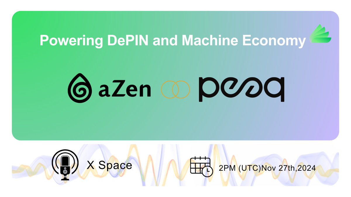 azen_protocol's tweet photo. 🎙️Join us for an AMA on X Space with @peaq this Wednesday at 2 PM UTC!⏰

Discover how aZen joins the Peak ecosystem to transform traditional businesses from centralized infrastructure to DePIN. 🚀Plus, learn how Web3 users can onboard and jump into the action. 

Don’t miss this insightful AMA—See you there! ❤️