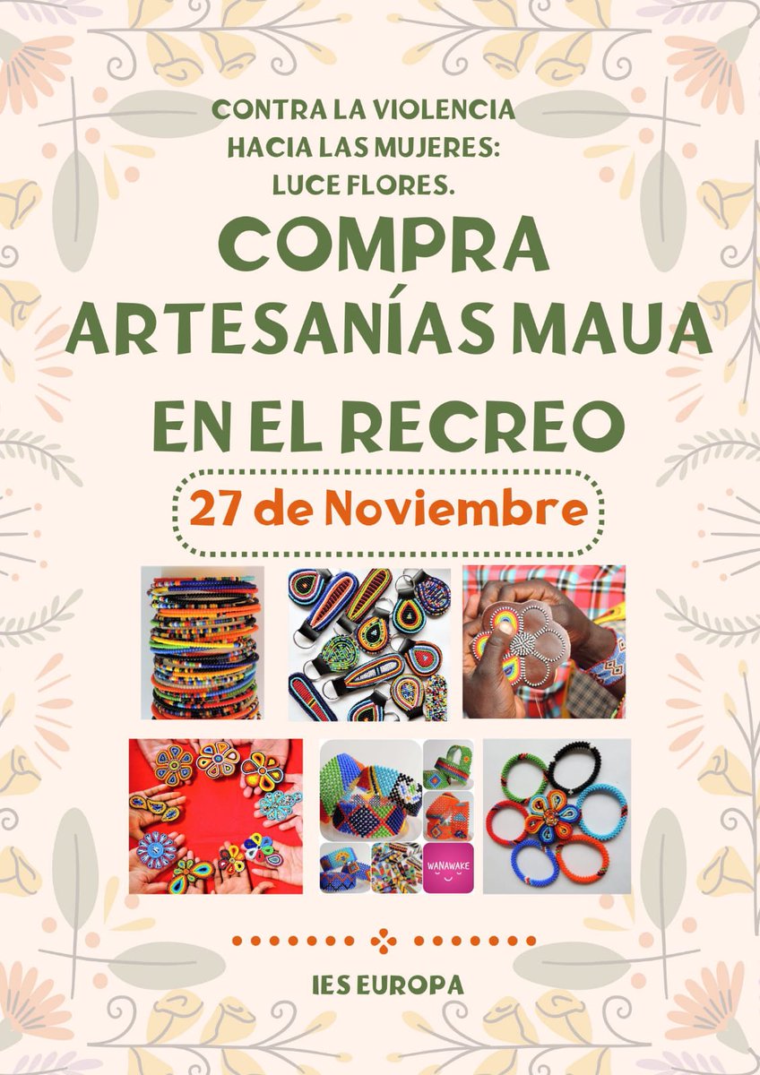 La ONG Wanawake que ofreció hace unos días talleres de igualdad al alumnado del centro, ha estado vendiendo artesanías en el recreo.
El miércoles 27 volverán a estar durante el recreo.
Más información en wanawake.es/Maua