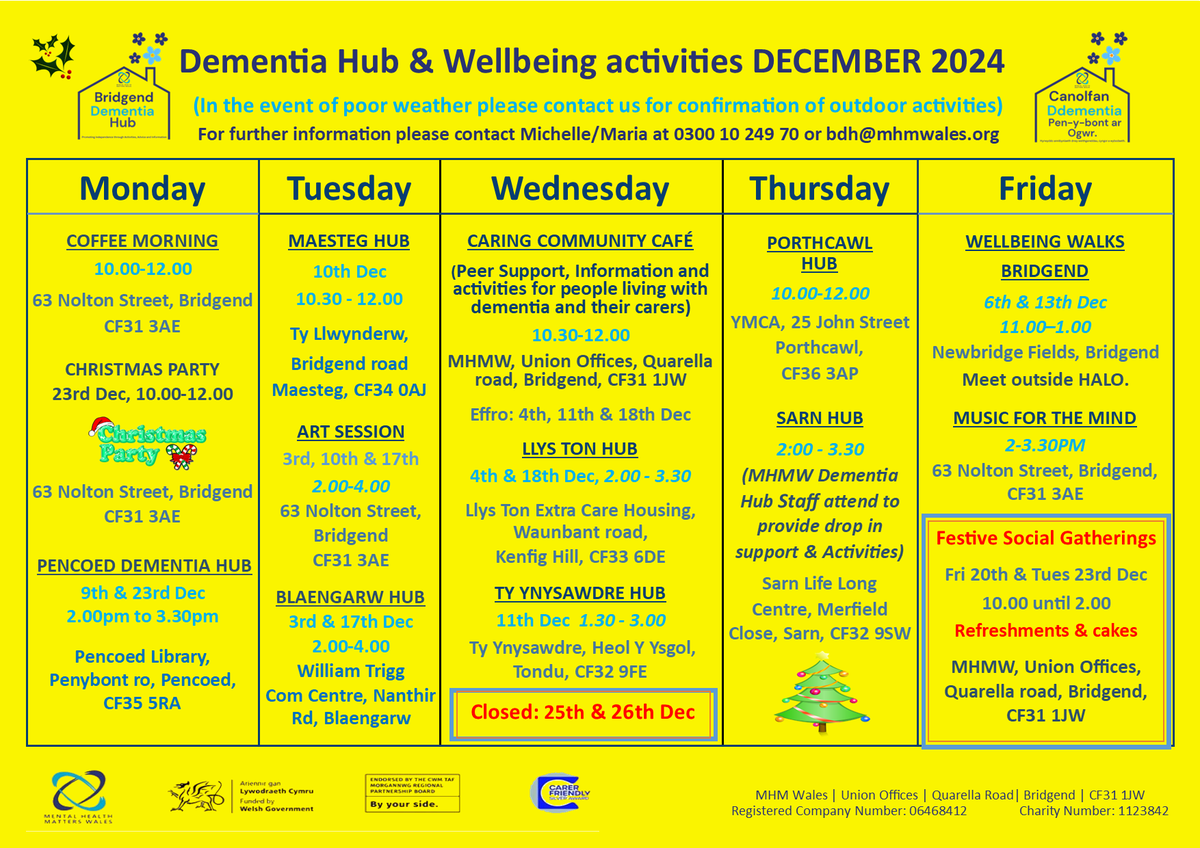 MHM Wales (@mhmwales) on Twitter photo 🎄We have lots of fun going on in Bridgend Dementia Hub over the festive season!🎄
All those with a memory problem and their Carers are welcome. Contact bdh@mhmwales.org for further information!
#Bridgend
#dementia
#Christmas 🎄We have lots of fun going on in Bridgend Dementia Hub over the festive season!🎄
All those with a memory problem and their Carers are welcome. Contact bdh@mhmwales.org for further information!
#Bridgend
#dementia
#Christmas