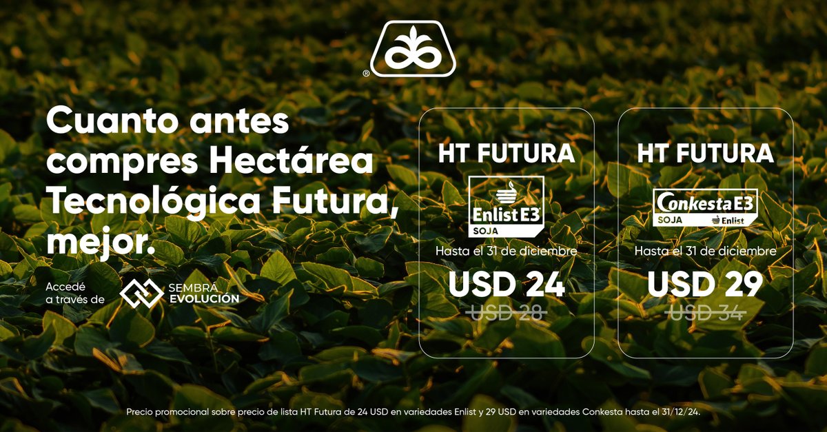 Aprovechá la oportunidad y adelantate con Hectárea Tecnológica Futura. Hasta el 31 de diciembre comprá HT Futura de Soja Enlist E3 y Conkesta E3 a un precio diferencial.

#ExperienciaPioneer #SeguísSeguimos #Soja #HTFutura #SembraEvolucion #HectareasTecnologicas