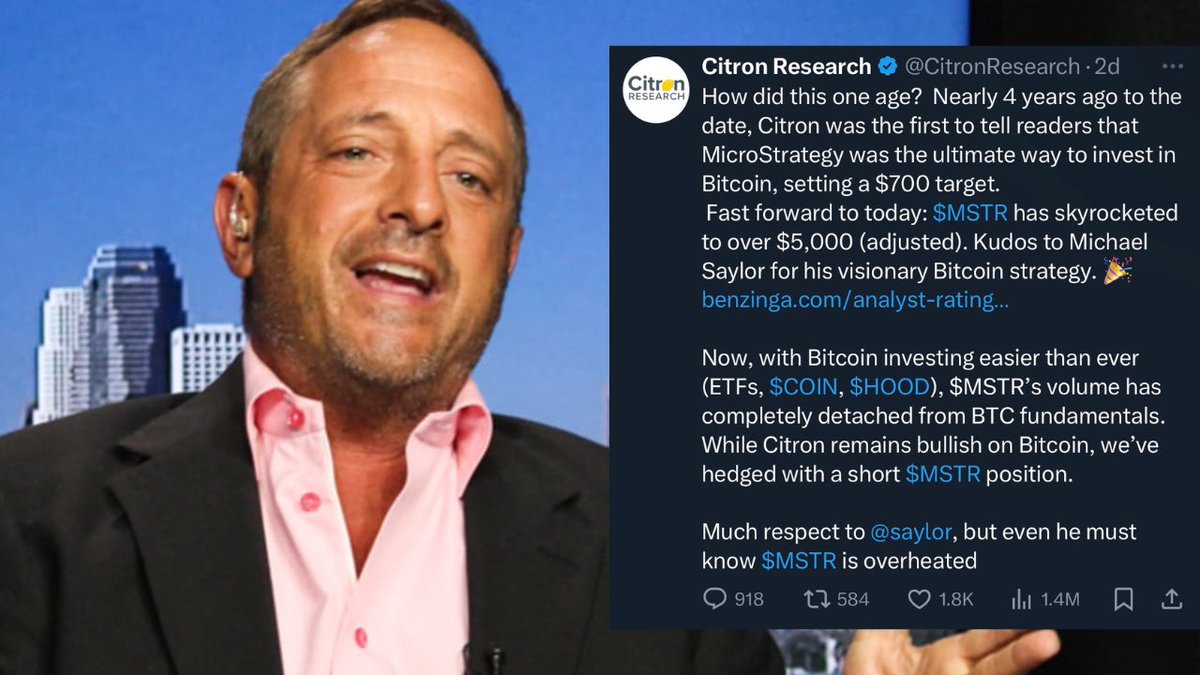 刚吃饭时候，有朋友讨论这波比特币下跌，是不是因为香橼发布做空Microstrategy报告。 狗总来详细说说这事。 香橼在11月21日发布做空MSTR 报告，意思就是你MSTR/BTC溢价太高，所以给的策略是“做空MSTR做多BTC”，直接把MSTR干跌近20%，但BTC没大变动，溢价确实给干下去了  ...