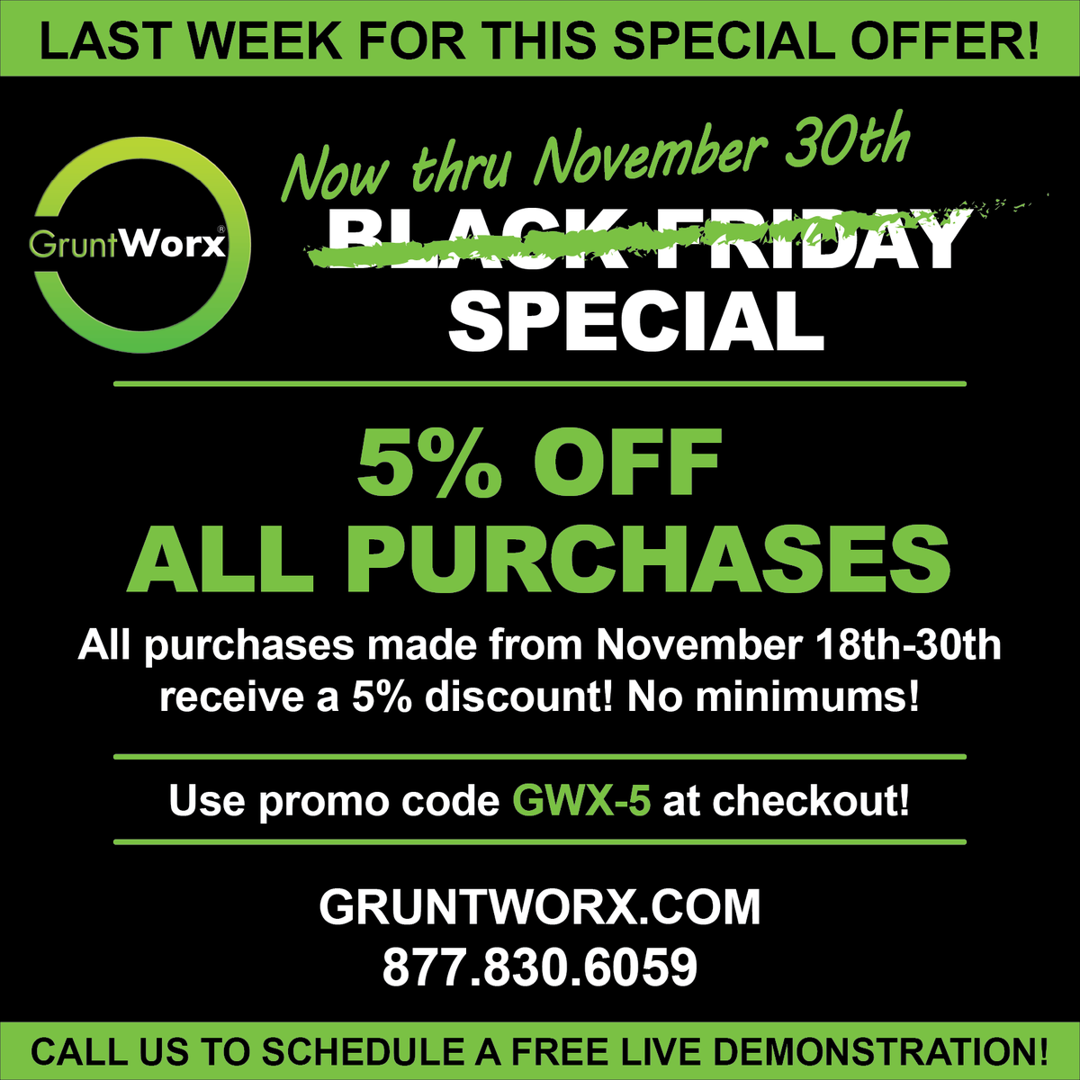 Don’t miss out on this opportunity to save now through November 30th so you can relax on Black Friday!
Visit gruntworx.com/products/prici… and use promo code GWX-5 to save 5% on all purchases with no minimum purchase requirement!
#GruntWorx #BlackFridayDeals