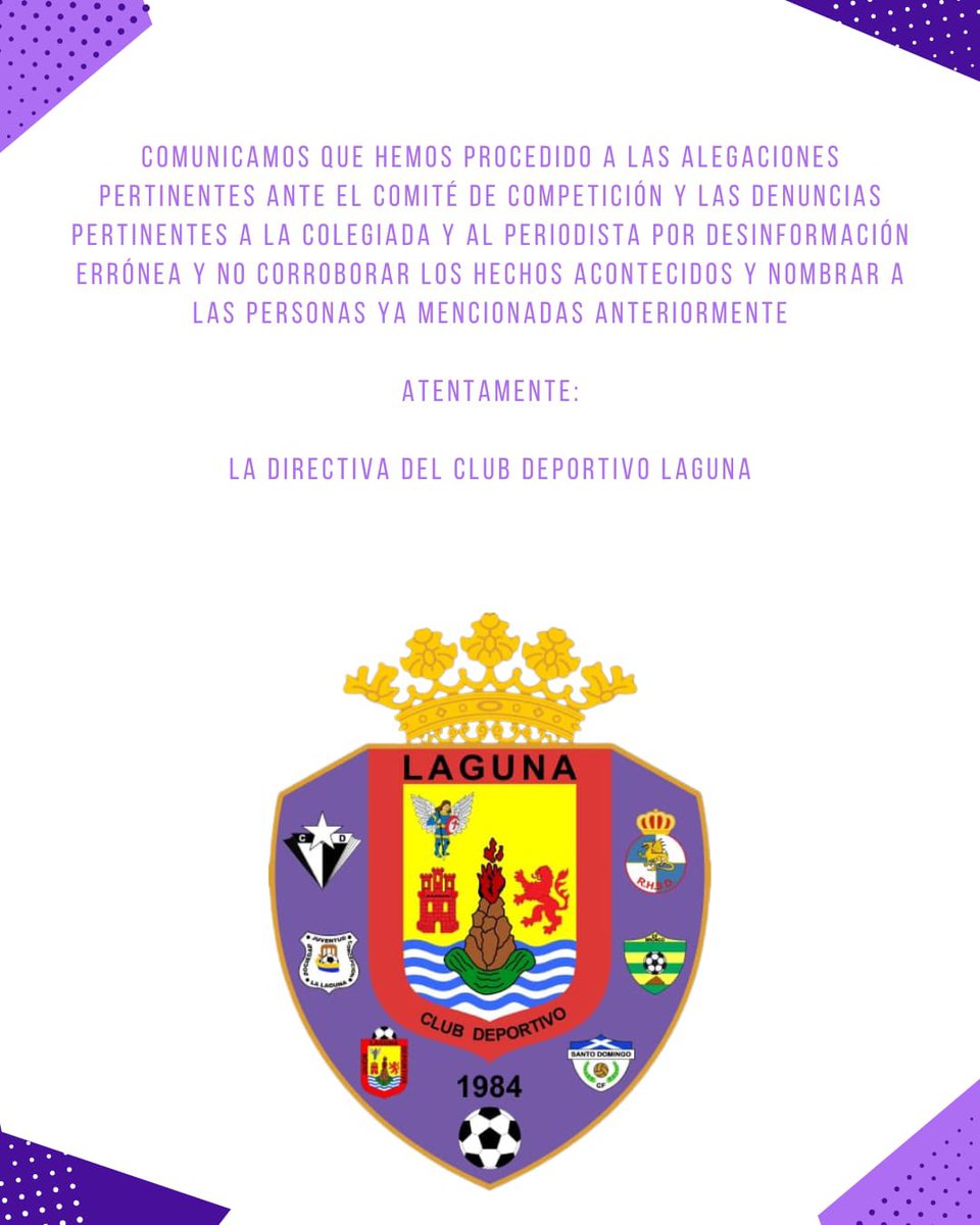 ℹ️ COMUNICADO OFICIAL:

➡️ Ante los hechos acontecidos el pasado sábado en el partido de la regional preferente disputado en el Oscar Pérez Barrios entre el <a href="/sanloconstancia/">CD San Lorenzo-Constancia</a> y nuestro regional y sus diferentes acusaciones vertidas en el acta y por medios de comunicación.
