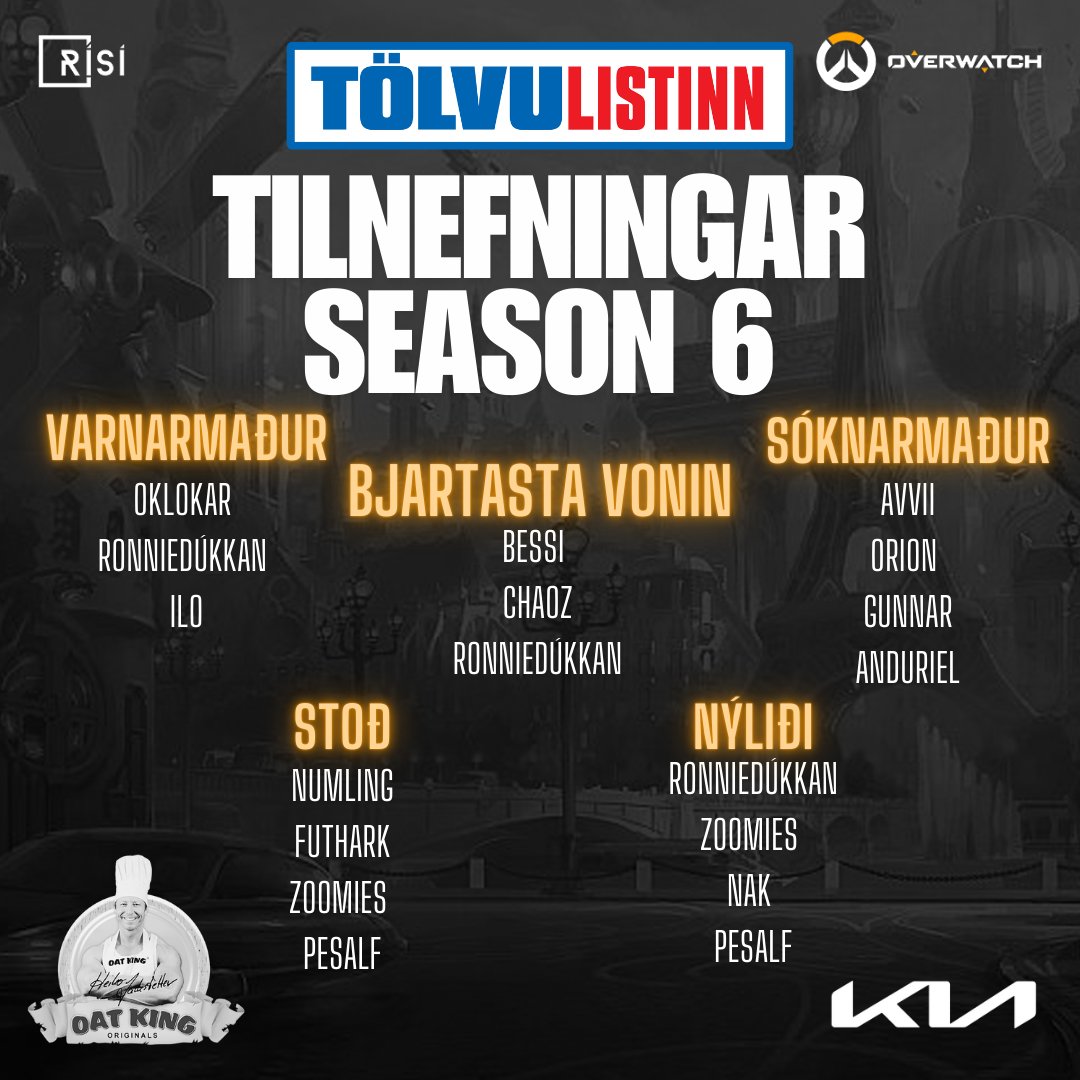 Tilnefningar fyrir season 6 leikmenn, Varnarmaður, Bjartasta vonin, Sóknarmaður, Stoð og Nýliði tímabilsins!  Ekki missa af, tilkynnt verður fyrir hvern flokk þann 29. nóv á úrslitakvöldinu!