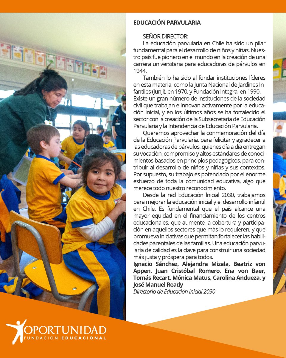 En esta carta publicada en <a href="/La_Segunda/">laSegunda</a>, el directorio de Educación Inicial 2030, del cual es parte nuestra presidenta Ena von Baer, hace un llamado a fortalecer la educación parvularia en Chile desde varios aspectos.
#educacionparvularia
#educadorasdeparvulos