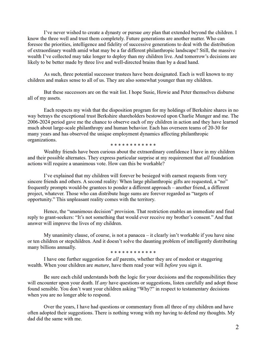 TheTranscript_'s tweet image. The Warren Buffett Mini Letter on giving away his wealth: 

&quot;I’ve never wished to create a dynasty or pursue any plan that extended beyond the children...As such, three potential successor trustees have been designated. Each is well known to my children and makes sense to all of…