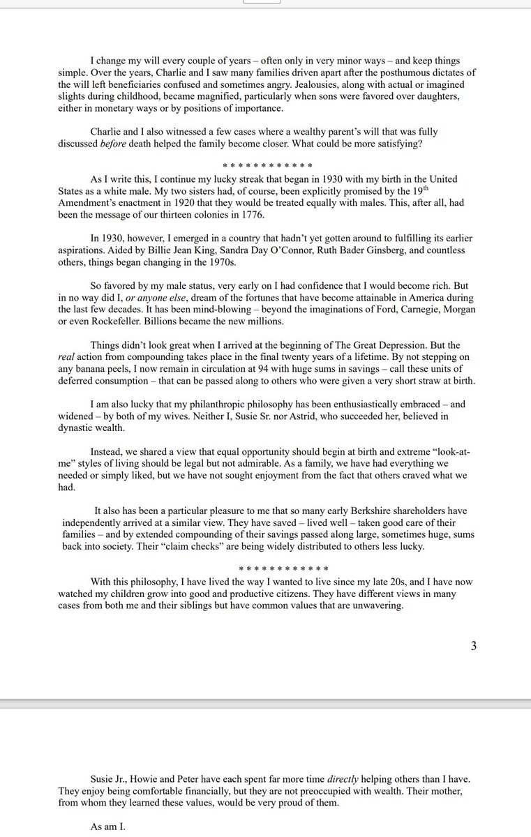 The Warren Buffett Mini Letter on giving away his wealth: 

"I’ve never wished to create a dynasty or pursue any plan that extended beyond the children...As such, three potential successor trustees have been designated. Each is well known to my children and makes sense to all of