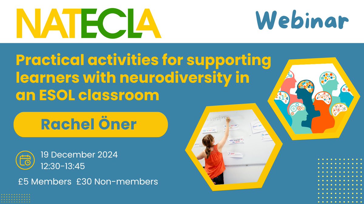 NATECLA National Centre (@natecla) on Twitter photo 🧠Don't miss out!
💡Join <a href="/OnerConsultancy/">Rachel Öner #FSET #QTLS #ATS #CTeach #CMALT</a> to:
✅Discover practical strategies for supporting #neurodiverse students in the #ESOL classroom.
✅Gain insights into working with learners with #dyslexia, #ADHD, #autism, #dyscalculia, and #dyspraxia.
🔗bit.ly/3YR1AZM 🧠Don't miss out!
💡Join <a href="/OnerConsultancy/">Rachel Öner #FSET #QTLS #ATS #CTeach #CMALT</a> to:
✅Discover practical strategies for supporting #neurodiverse students in the #ESOL classroom.
✅Gain insights into working with learners with #dyslexia, #ADHD, #autism, #dyscalculia, and #dyspraxia.
🔗bit.ly/3YR1AZM