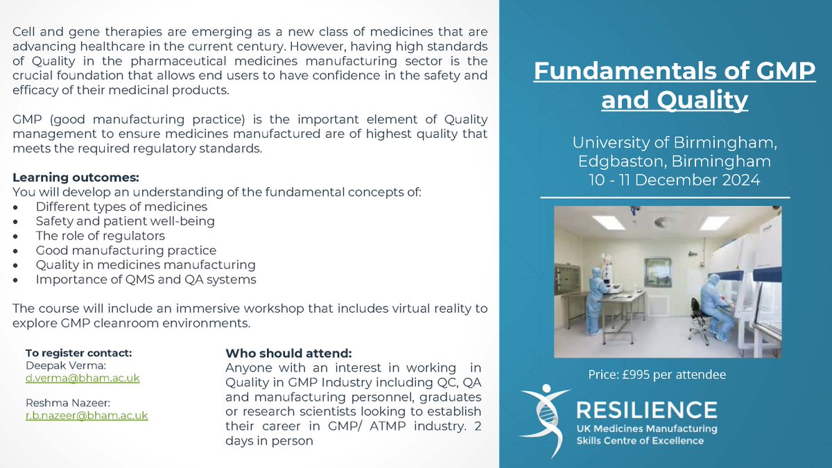 unibirm_TRT's tweet image. 📢Do you work in Quality Management or have an interest Good Manufacturing Practice (GMP), look no further Resilience have the course for you 🙂