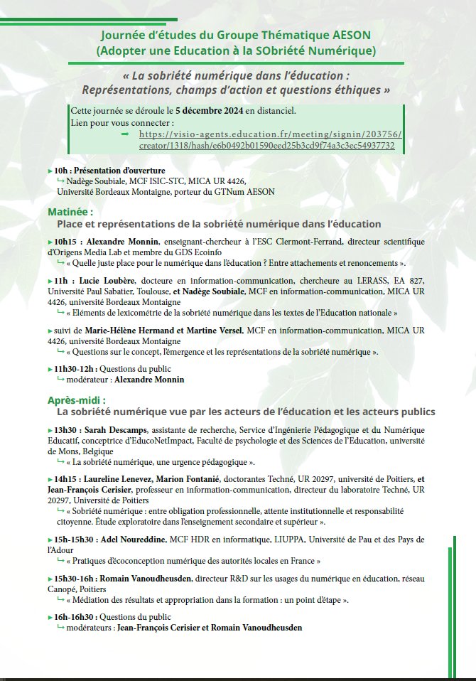 [Agenda] le 5 décembre prochain, journée d'études sur la sobriété numérique dans l'éducation. Point d'étape du #GTNum #AESON porté par le laboratoire MICA @ubmontaigne, et de nombreux partenaires scientifiques et académiques <a href="/IMTAtlantique/">IMT Atlantique</a> <a href="/LaboTechne/">TECHNE</a>, le LIUPPA, <a href="/RANouvAquitaine/">Région académique Nouvelle-Aquitaine</a>