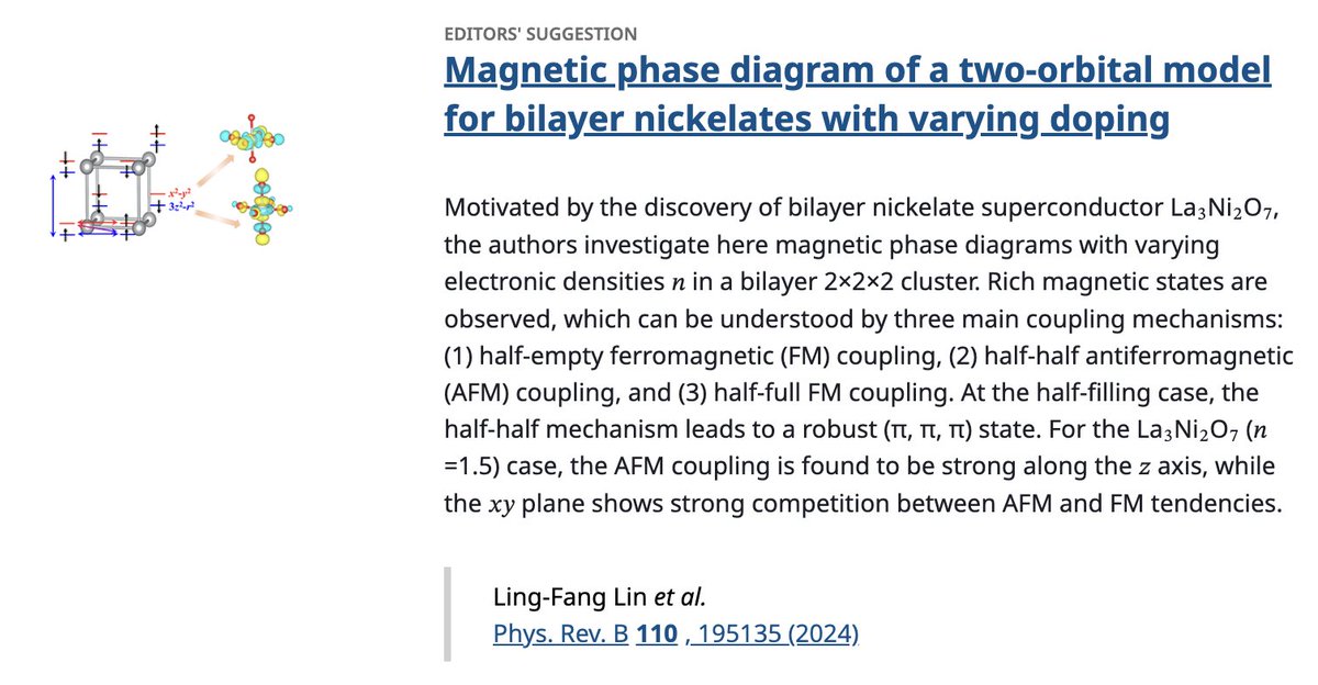 PhysRevB's tweet image. PRB Editors' Suggestion: #Magnetic phase diagram of a two-orbital model for bilayer #nickelates with varying doping

L.-F. Lin, Y. Zhang, N. Kaushal, G. Alvarez et al.,
Phys. Rev. B 110, 195135

➡️ go.aps.org/4fzGAwC
#EdSugg @APSPhysics #condmat #physics @UTKPhysAstro