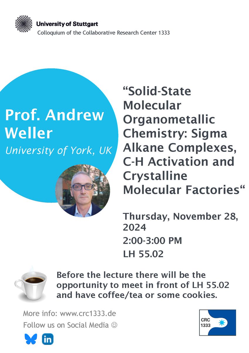 CRC1333 (@crc1333) on Twitter photo 📣 Mark your calendars: This Thur, Nov 28 starting at 2:00 p.m. we are delighted to welcome <a href="/WellerYorkChem/">Andrew Weller</a> to our #crc1333 #colloquium! ➡️More info here: 🔗bit.ly/3Z8fHbT
#catalysis #sfb1333 #chemistry 📣 Mark your calendars: This Thur, Nov 28 starting at 2:00 p.m. we are delighted to welcome <a href="/WellerYorkChem/">Andrew Weller</a> to our #crc1333 #colloquium! ➡️More info here: 🔗bit.ly/3Z8fHbT
#catalysis #sfb1333 #chemistry