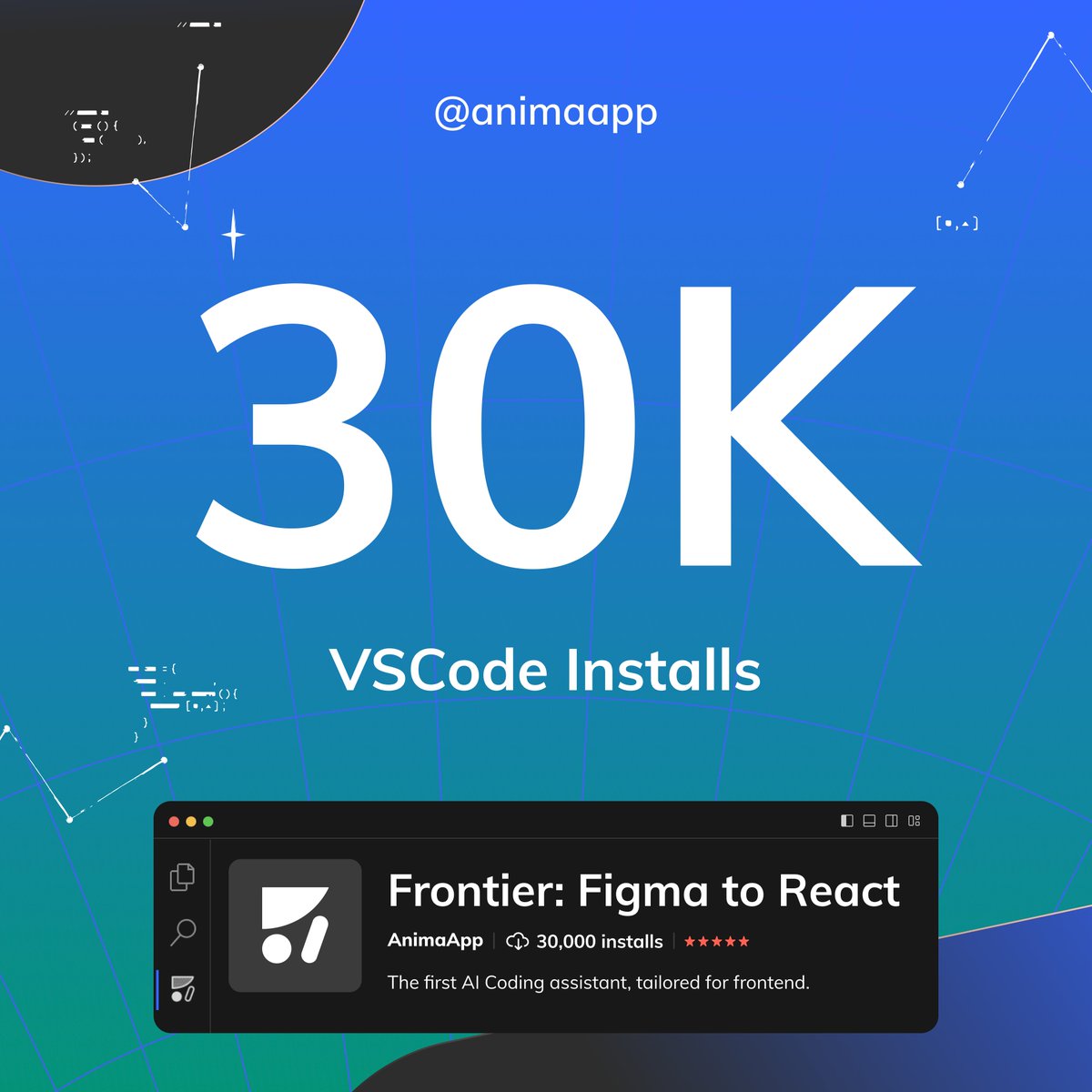 Thank you for helping us reach another milestone for Frontier! 🤩
Already bringing <a href="/figma/">Figma</a> to <a href="/reactjs/">React</a> - in <a href="/code/">Visual Studio Code</a> - for more than 30,000 frontend pioneers✨
Not in yet? -->link.animaapp.com/3CKdEmV