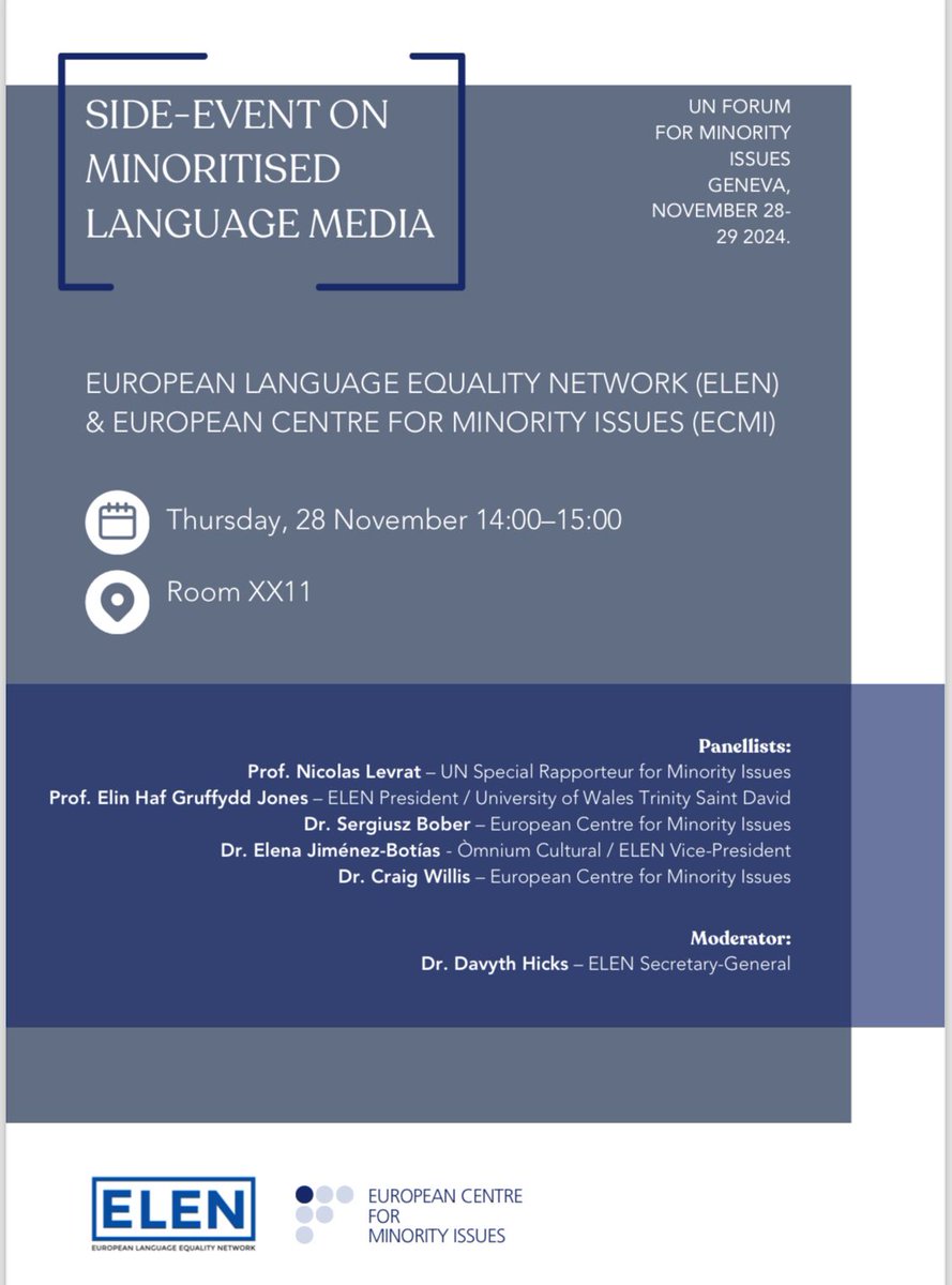 EUROLANG (@eurolang) on Twitter photo 📢Join us for the ELEN - ECMI Side Event on Minoritised Language Media, this Thursday 28/11 at 14.00 CET at the UN Forum for Minority Issues, Geneva. #ELEN2024 <a href="/ECMIFlensburg/">European Centre for Minority Issues (ECMI)</a> #UNFMI2024 <a href="/UN_HRC/">UN Human Rights Council</a> <a href="/UNHumanRights/">UN Human Rights</a> <a href="/UN_SPExperts/">UN Special Procedures</a>
📰elen.ngo/event/elen-ecm… 📢Join us for the ELEN - ECMI Side Event on Minoritised Language Media, this Thursday 28/11 at 14.00 CET at the UN Forum for Minority Issues, Geneva. #ELEN2024 <a href="/ECMIFlensburg/">European Centre for Minority Issues (ECMI)</a> #UNFMI2024 <a href="/UN_HRC/">UN Human Rights Council</a> <a href="/UNHumanRights/">UN Human Rights</a> <a href="/UN_SPExperts/">UN Special Procedures</a>
📰elen.ngo/event/elen-ecm…