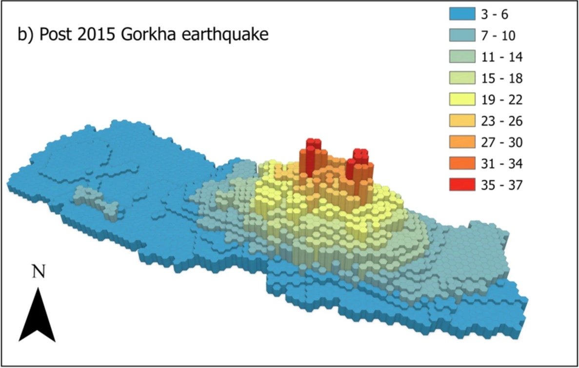 Earthquake shaking intensity map? No! This figure is showing the coverage of landslide inventories in Nepal since 2015, with clear biases and limited data in many high-risk areas of the country.

Read our new paper led by <a href="/ErinLHarvey/">Erin Harvey</a> mapping this out:
link.springer.com/article/10.100…