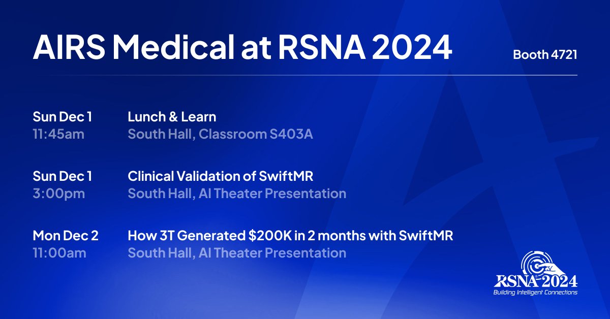 What to Expect at <a href="/RSNA/">RSNA</a> + Big News from AIRS Medical! 💫

We’re looking forward to seeing you at RSNA! Stop by South Hall Booth #4721 to see our groundbreaking AI solutions in action, including the award-winning SwiftMR®. But that’s not all — this year, we’ve reached incredible