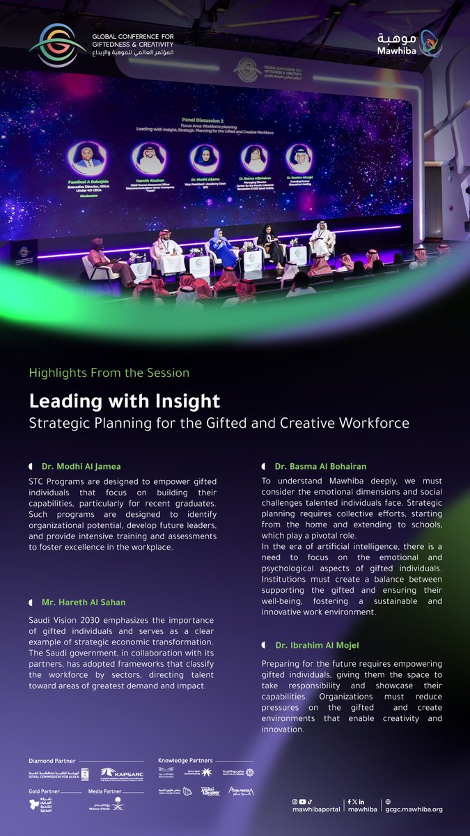mawhiba's tweet photo. Key Insights from Panel Discussion 2: "Leading with Insight: Strategic Planning for the Gifted and Creative Workforce" at #Mawhiba_GCGC
🗓 November 24–26, 2024
📌 KAPSARC- Riyadh
#BeyondCreativeMinds https://t.co/pivdTm92Gl