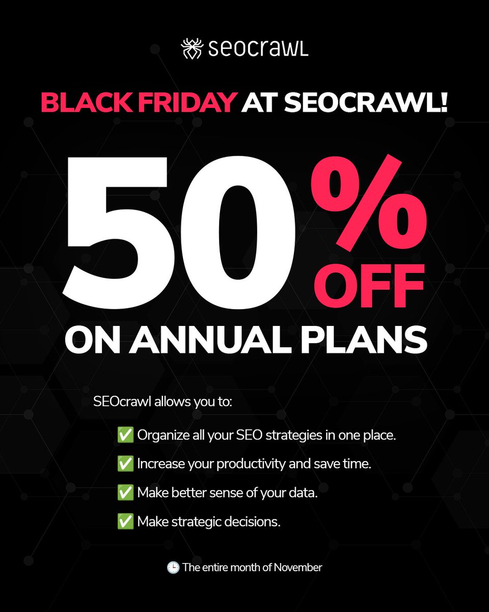 SEOcrawl_EN's tweet photo. 🚀 Boost your #SEO strategy to the top this #BlackFriday!
During the entire month of November, at SEOcrawl, enjoy a 50% discount on our annual plans and, in addition, get the #ReportingSEO book as a gift. 📘✨
Transform your SEO strategy today 👉 https://t.co/a3TomBMQ5S https://t.co/GdPazyMIxK