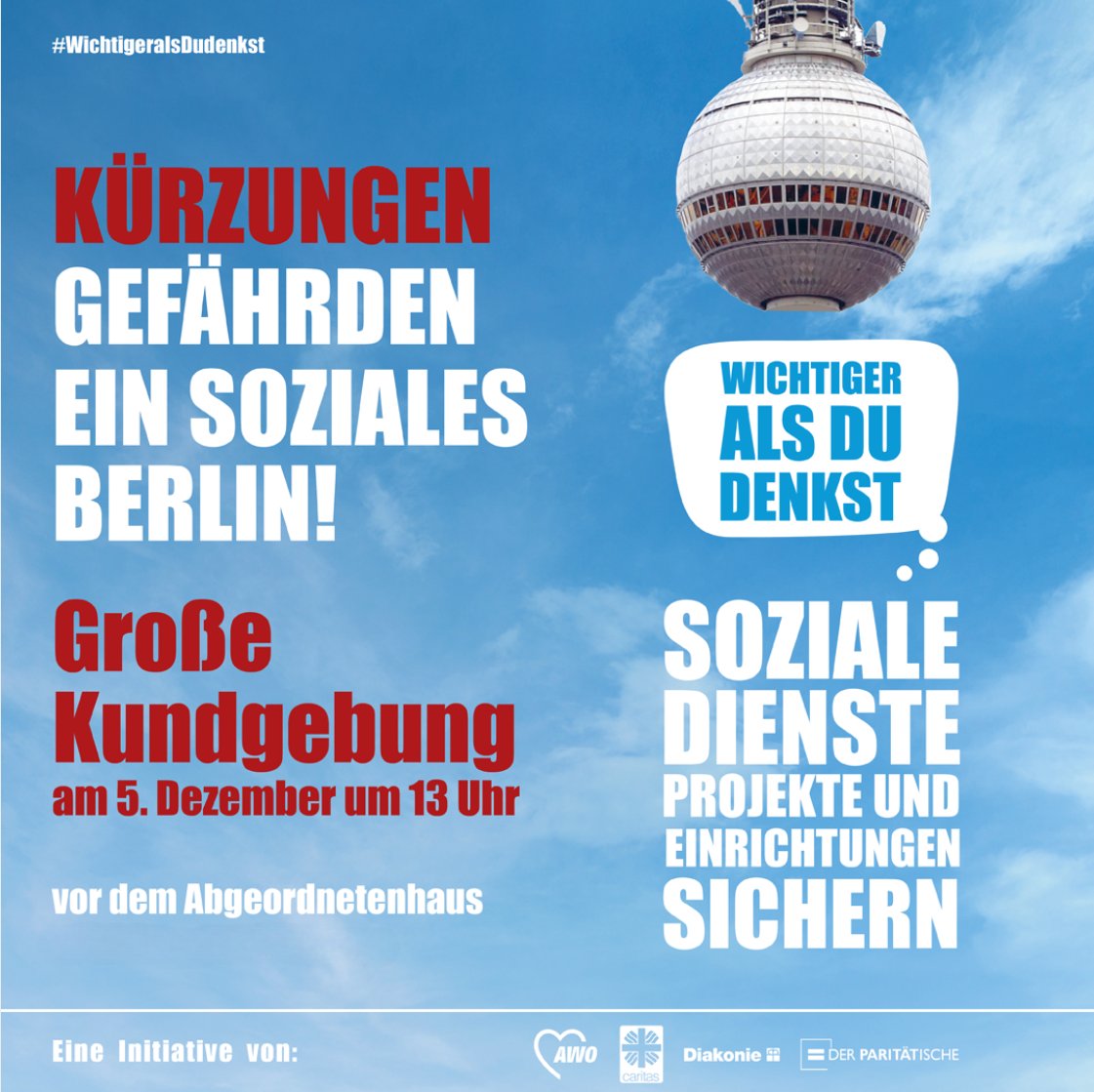 Der Protest geht weiter! Geht mit uns auf die Straße und seid laut gegen Kürzungen im sozialen Bereich. Soziale Angebote und freie Träger sind #wichtigeralsdudenkst! 

5. Dezember, 13 Uhr
Abgeordnetenhaus Berlin
Infos: bit.ly/demo-wichtiger…
#unkürbar #berlinbleibtsozial #berlin