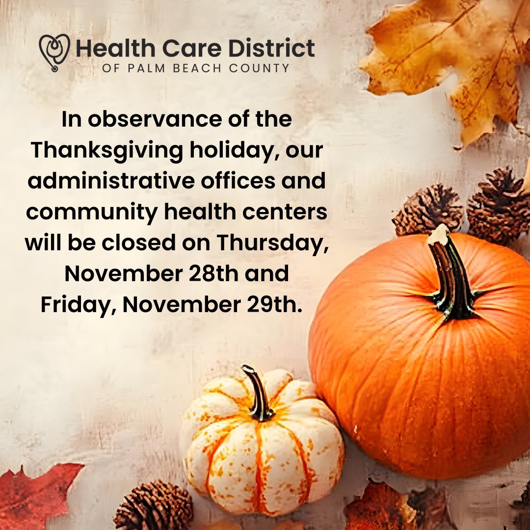 In observance of the upcoming Thanksgiving holiday, please take note of our planned closures. 🦃 Have a happy, healthy, safe holiday!