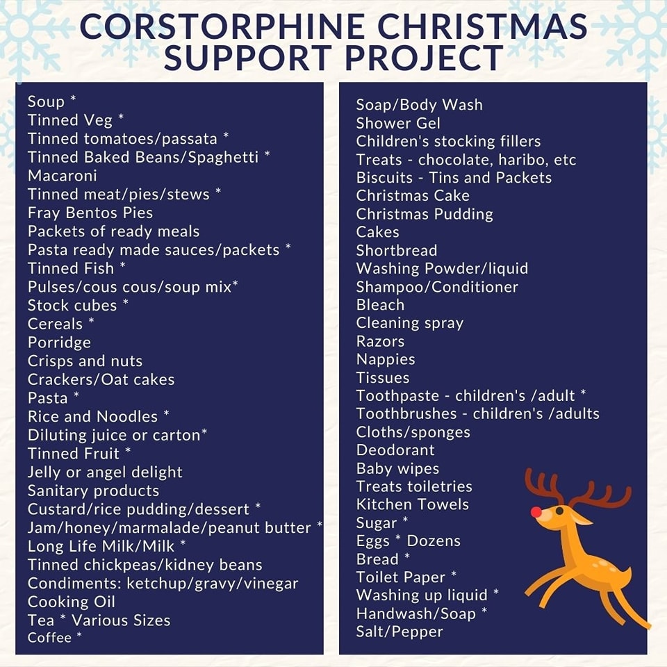 We are supporting the #CorstorphineChristmasSupportProject2024, which is organised by the West Edinburgh Community Support Group and aims to offer support to local families who would benefit from help this Christmas.

Families that the project assists will primarily be identified