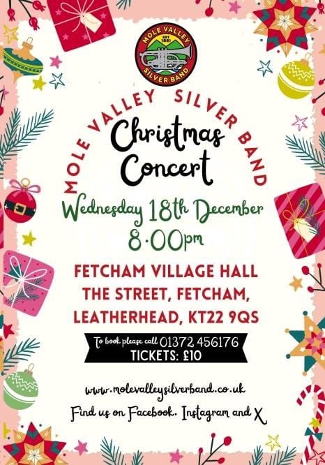 MoleVSBand's tweet photo. Join us on 18th December at 8pm in Fetcham for our Christmas concert! See poster for details. 
We look forward to entertaining you 
🎺🎶🎄 #molevalleysilverband #MVSB #brassband #Christmasmusic #carols #concert #festive https://t.co/yOOq5Ovz3X