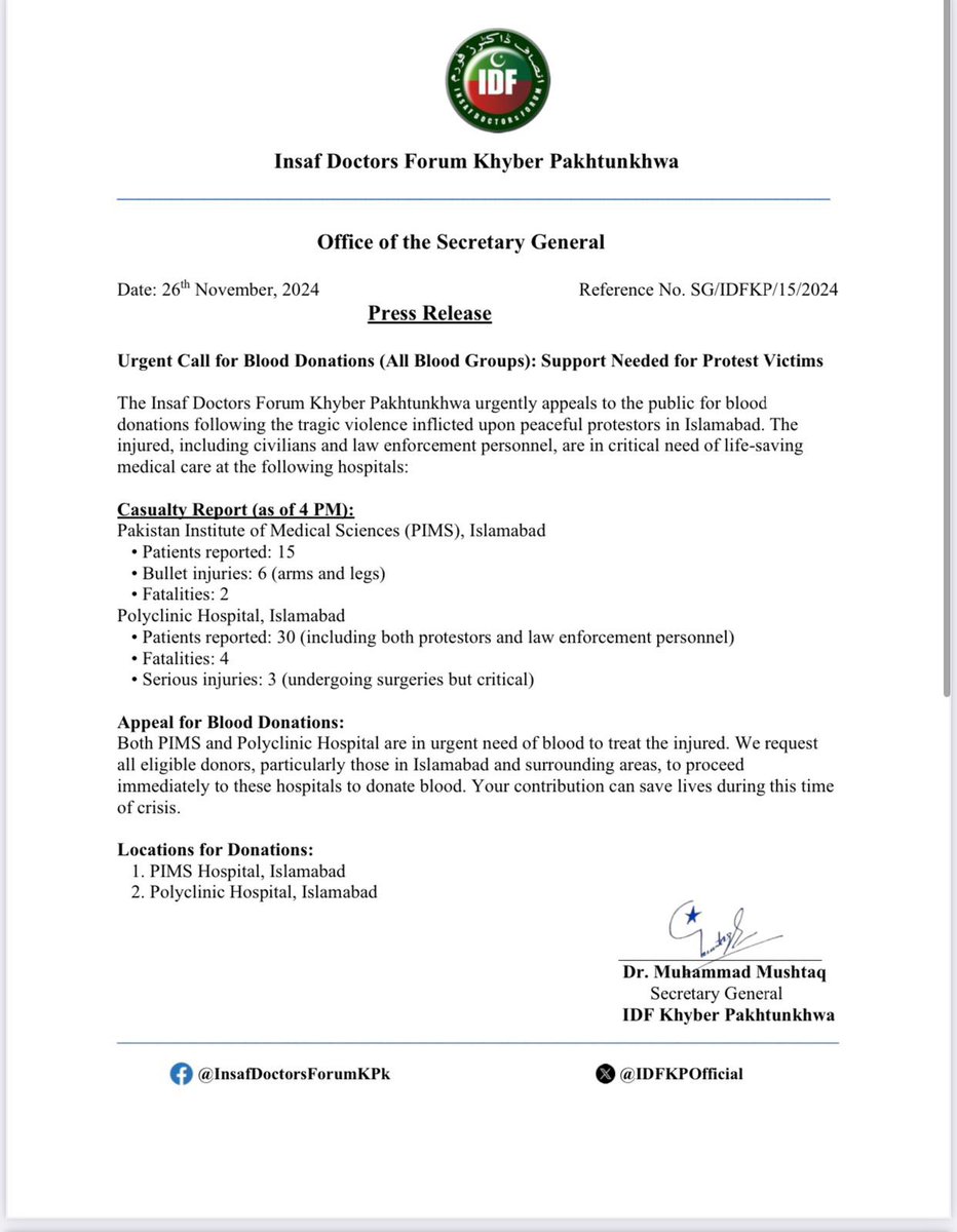 Blood Donation Appeal: <a href="/InsafDrsForum/">Insaf Doctors Forum</a>
All blood groups 
• PIMS hospital Islamabad 
• Polyclinic Hospital Islamabad