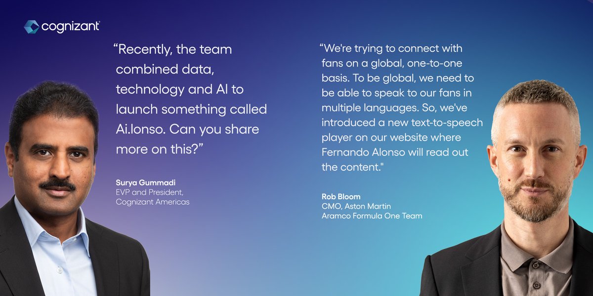 Cognizant (@cognizant) on Twitter photo Surya Gummadi, EVP and President of Cognizant Americas and Rob Bloom, CMO of <a href="/AstonMartinF1/">Aston Martin Aramco F1 Team</a>, recently discussed the transformative power of #AI in racing. Discover how AI is enhancing fan engagement and more: cogniz.at/4g46Grn <a href="/SNGummadi/">Surya Gummadi</a> Surya Gummadi, EVP and President of Cognizant Americas and Rob Bloom, CMO of <a href="/AstonMartinF1/">Aston Martin Aramco F1 Team</a>, recently discussed the transformative power of #AI in racing. Discover how AI is enhancing fan engagement and more: cogniz.at/4g46Grn <a href="/SNGummadi/">Surya Gummadi</a>
