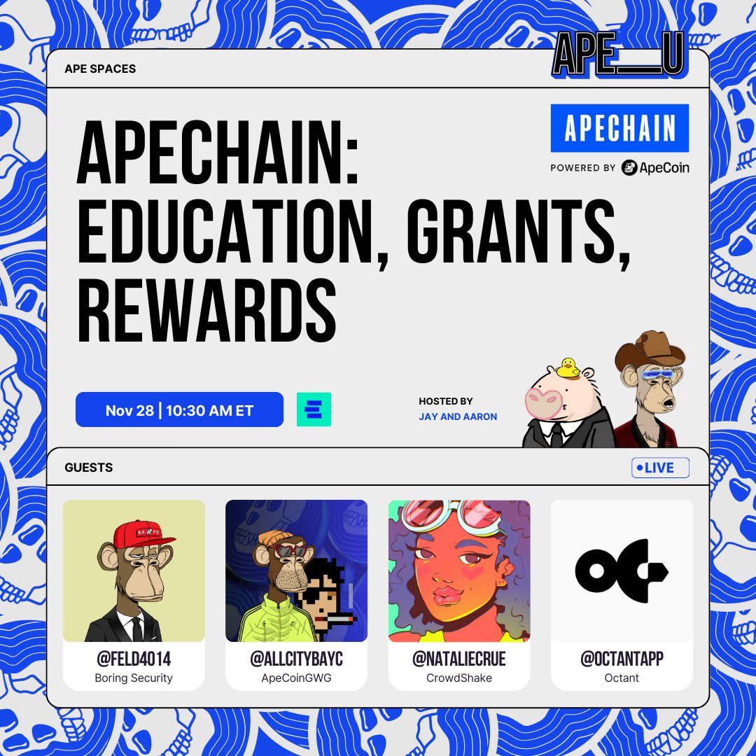 Join us on Nov. 28 at 10:30 AM ET for a GWG x OC #APE_U Spaces diving into education, grants, and rewards in Web3.

We’ll explore how <a href="/apecoin/">ApeCoin</a> community programs are driving innovation, supporting builders, and creating lasting value.

Hosted by <a href="/AaronHaber/">Aaron Haber🍌</a> &amp; <a href="/wangzaobin/">Jay Wang</a>, with
