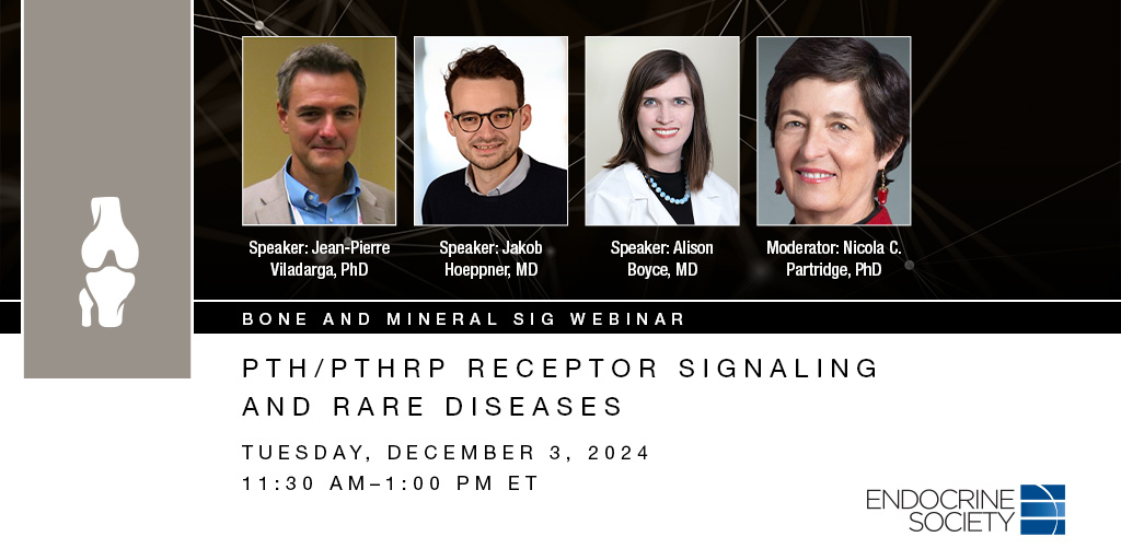 TheEndoSociety's tweet photo. Join the Bone &amp; Mineral SIG for the upcoming webinar, PTH/PTHrP Receptor Signaling and Rare Diseases, on Tuesday, December 3, at 11:30 AM ET. Our faculty will discuss FD/MAS and emerging treatments, including results of clinical trials: https://t.co/EoyfINxBBw @jakobhoeppner https://t.co/foFiUFd78S