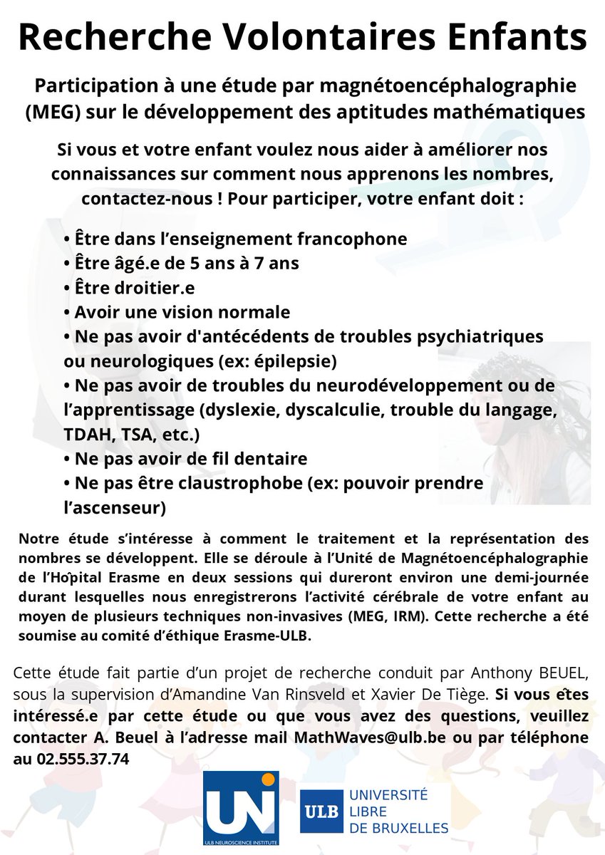 Sixtine_Omont-Lescieux (@sixtine_omont) on Twitter photo Petits participants recherchés : 5-7 ans
Recherche menée sur l’apprentissage des mathématiques par notre équipe de l'<a href="/ULBruxelles/">Université libre de Bruxelles</a> à l'hôpital Erasme.
Partagez largement autour de vous.
Contactez-nous : mathwaves@ulb.be Petits participants recherchés : 5-7 ans
Recherche menée sur l’apprentissage des mathématiques par notre équipe de l'<a href="/ULBruxelles/">Université libre de Bruxelles</a> à l'hôpital Erasme.
Partagez largement autour de vous.
Contactez-nous : mathwaves@ulb.be