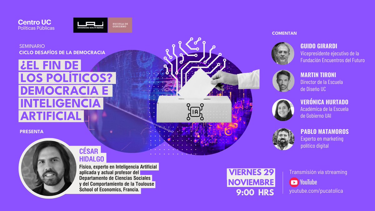 🗳️🤖 ¿Es este el fin de los políticos? Únete a nosotros en una fascinante discusión sobre el futuro de la democracia y el impacto de la inteligencia artificial en la toma de decisiones ciudadanas. 

🗓️ 29 de nov.
🕓 9 hrs 
💻 YT UC
🔗 Inscríbete aquí: bit.ly/4fGyvpV