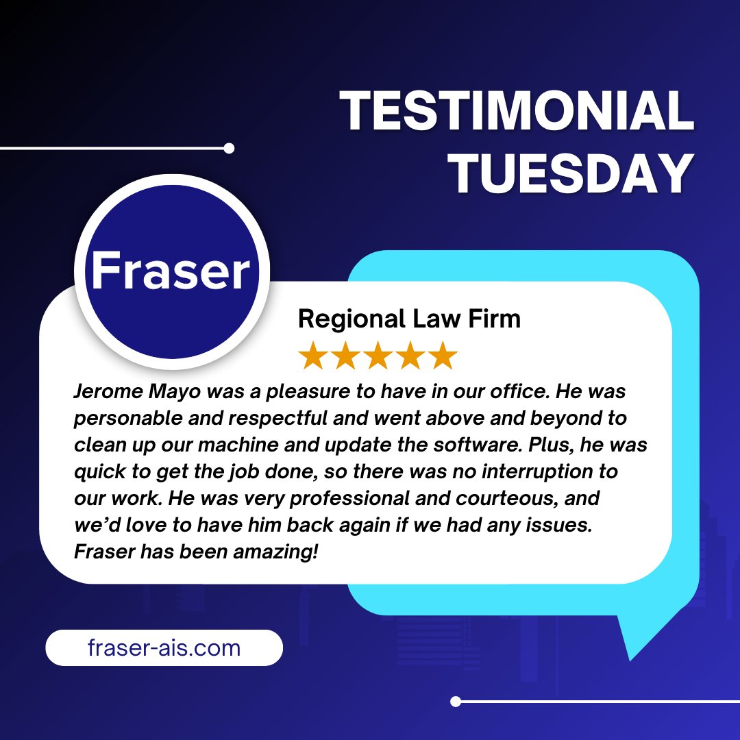 FraserAIS's tweet image. 🌟 #TestimonialTuesday 🌟  
Fraser technicians go above and beyond for proactive support for your copiers and printers! 💪 Minimal disruption, maximum efficiency for your business. 💼 #whyFraser #ProactiveSupport #ClientFocused #ServiceMatters