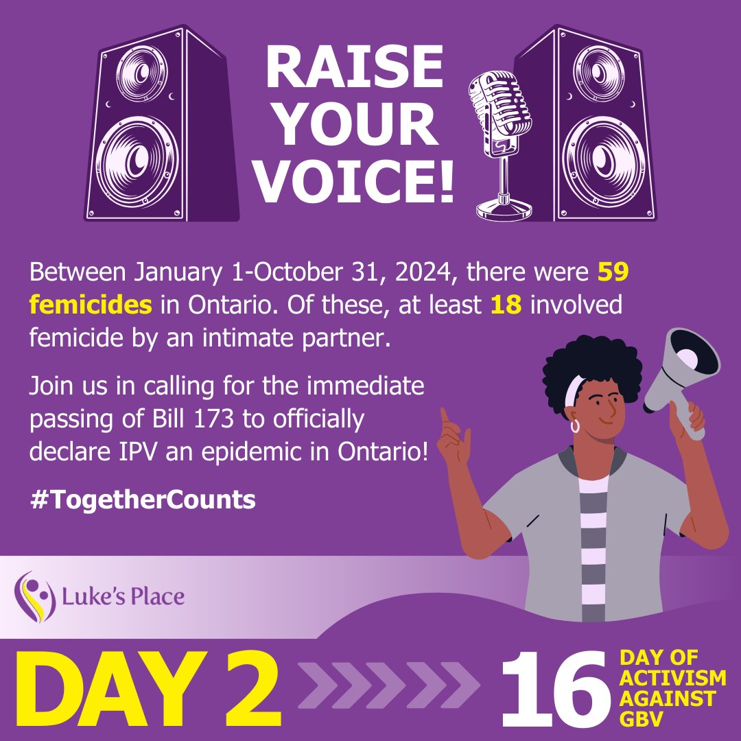 LukesPlace1's tweet image. Day 2 of #16Days: 

Between January 1-October 31, 2024, there were 59 femicides in Ontario. Of these, at least 18 involved femicide by an intimate partner. 

Join us in calling for the immediate passing of Bill 173 to officially declare IPV an epidemic in Ontario! #TogetherCounts
