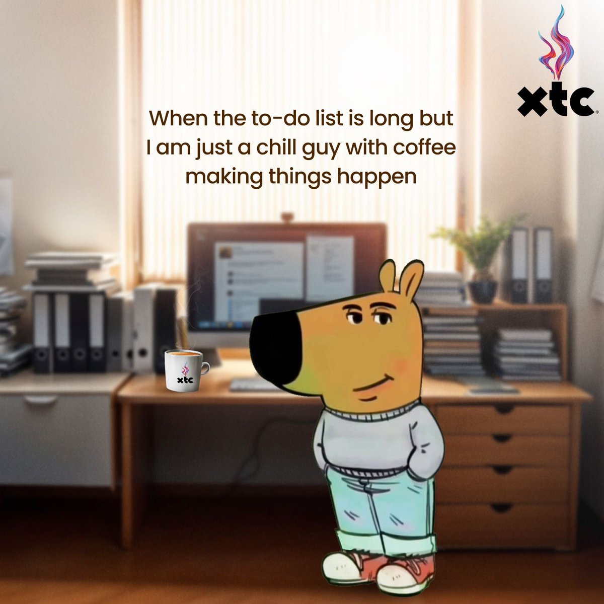 xtc_talks's tweet photo. When the deadlines are brewing but you are on a chill mode.

#chillguy #chillguymeme #meme #coffeelover #xtc https://t.co/TFwEeGovGI