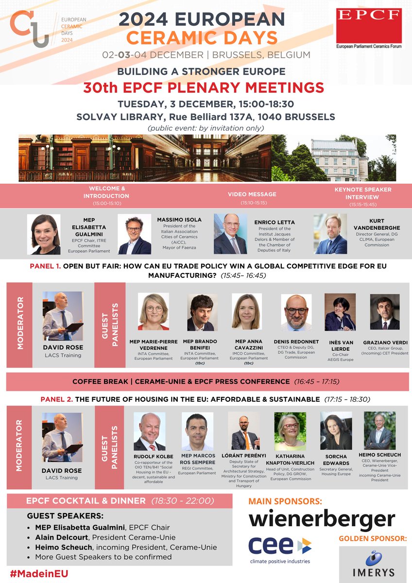 CerameUnie's tweet photo. Meet the Speakers of the 30th #EPCF! MEP @gualminielisa, Chair of the EPCF, will welcome EU officials, experts & industry representatives, to discuss key topics for the 🇪🇺#ceramic industry: EU #Trade, #Competitiveness and #Affordable & #Sustainable #Housing.
#24ECD #MADEinEU https://t.co/7gc3MYqi2v