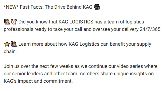 KenanAdvGroup's tweet photo. *NEW* Fast Facts: The Drive Behind KAG 🎥

#OneTeam #DriventoMakeaDifference #WeAreKAG #transportation #logistics #trucking #freight #shipping #supplychain #freightbroker #supplychainmanagement #technology #truckingindustry #safety #food #energy #merchantgas #specialtyproducts https://t.co/bCpMUCaNBW