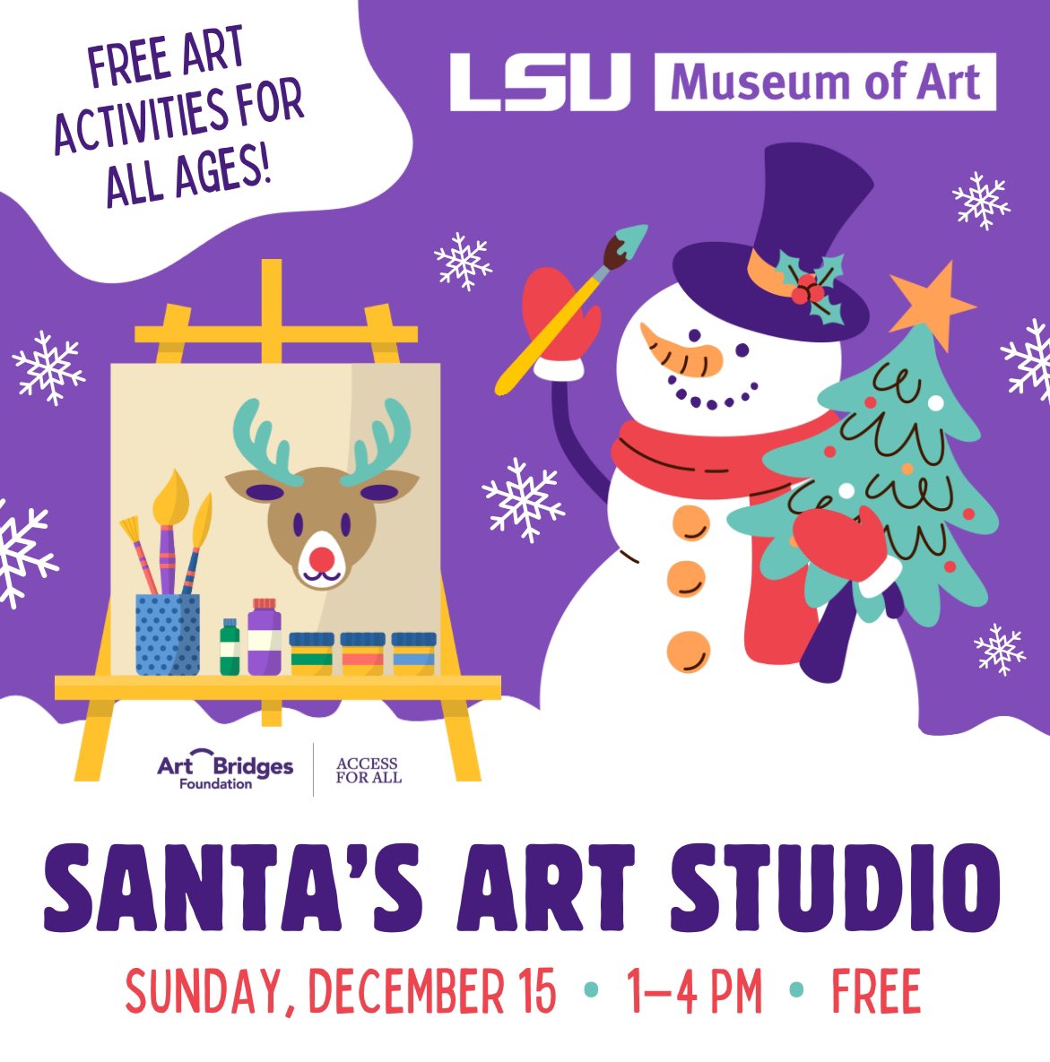 lsumoa's tweet photo. 𝗙𝗥𝗘𝗘 𝗙𝗜𝗥𝗦𝗧 𝗦𝗨𝗡𝗗𝗔𝗬 𝗣𝗥𝗢𝗚𝗥𝗔𝗠𝗦 𝗠𝗢𝗩𝗘𝗗 𝗧𝗢 𝗗𝗘𝗖𝗘𝗠𝗕𝗘𝗥 𝟭𝟱 Santa’s Art Studio on Sunday, December 15, from 1–4 PM: paint mini-masterpiece ornaments, design Rudolph’s sled, and more! FREE!

#lsumoa #art #holiday #artactivity #batonrouge #free https://t.co/YITfg2RjEP