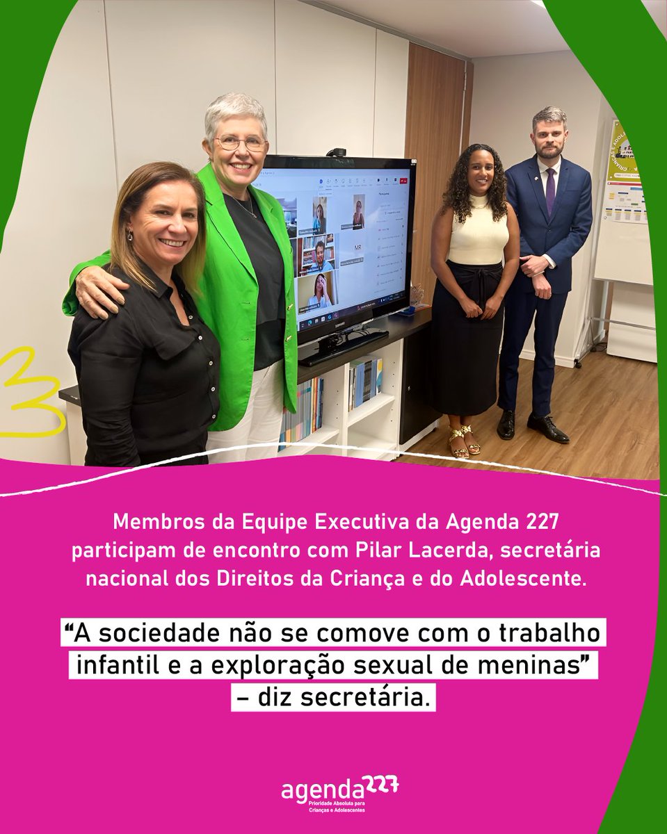 Equipe da Agenda 227 participa de encontro com Pilar Lacerda, a nova secretária nacional dos Direitos da Criança e do Adolescente do Ministério dos Direitos Humanos e da Cidadania. O encontro debateu a articulação intersetorial pelos direitos de crianças e adolescentes.