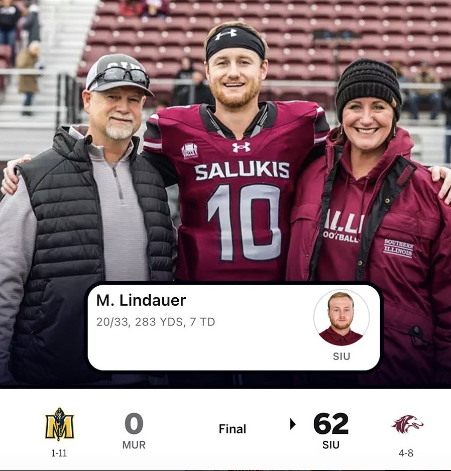 Amazing story:

After retiring to become a graduate assistant in the spring, Southern Illinois' <a href="/michaelindauer/">Michael Lindauer</a> suited up one last time on Senior Day this past Saturday after SIU was decimated by QB injuries.

He passed for a school-record 7 touchdowns &amp; was just named the