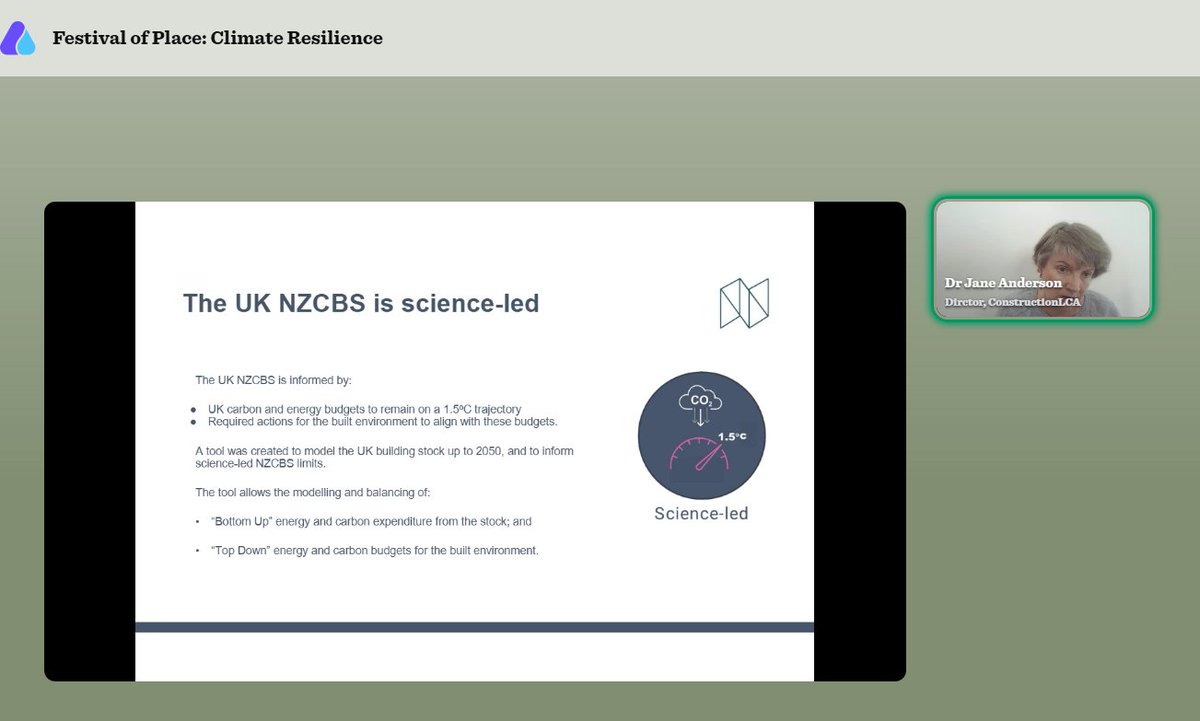 Our last session of the day at Festival of Place: #ClimateResilience is with <a href="/constructionlca/">Jane Anderson</a> as we explore the new Net Zero standard